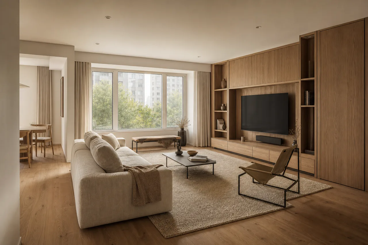 Warm Oak Residence 거실 구성을 보여주는 샘플 프로젝트 대표 이미지